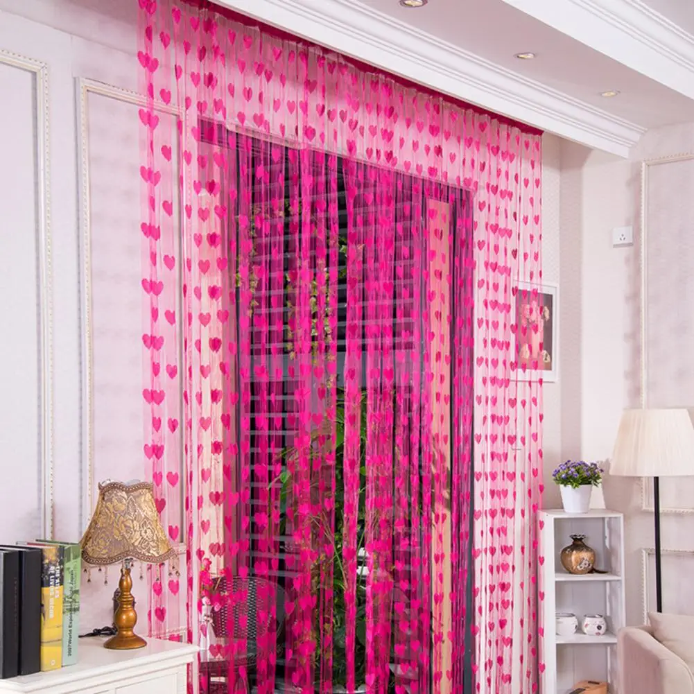 Voile Curtain Romantic Fine Workmanship Solid Color Love Heart Embroidered String Curtain Easy Care Lightweight Window Drape