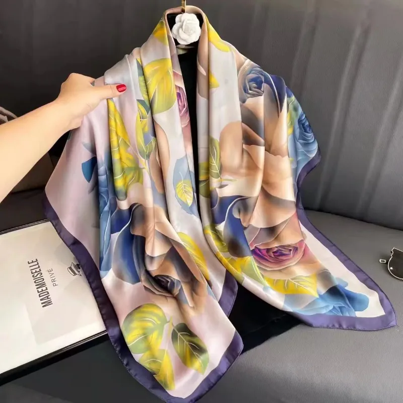 Fashion Versatile Square Scarf Imitation Silk 110x110cm Headband Women's Satin Printed Scarf