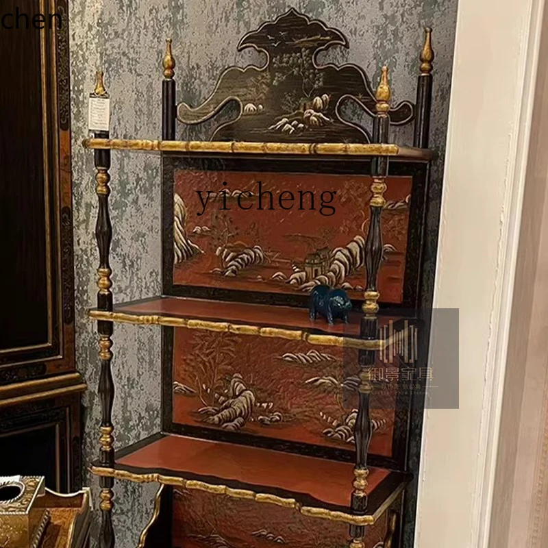 ZMLEuropean Style Art Hand-painted Layered Shelf French Gold Foil Decorative Shelf Villa Vintage Storage Display Shelf