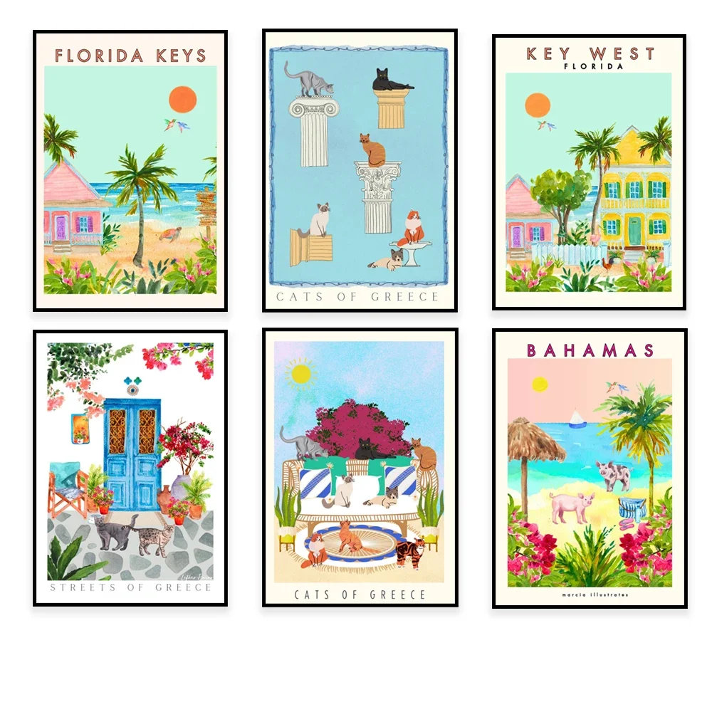 

Greek street, Greek island, Key West American art poster, Greek cat, Exuma Caribbean, Exuma pig illustration, gift for cat lover