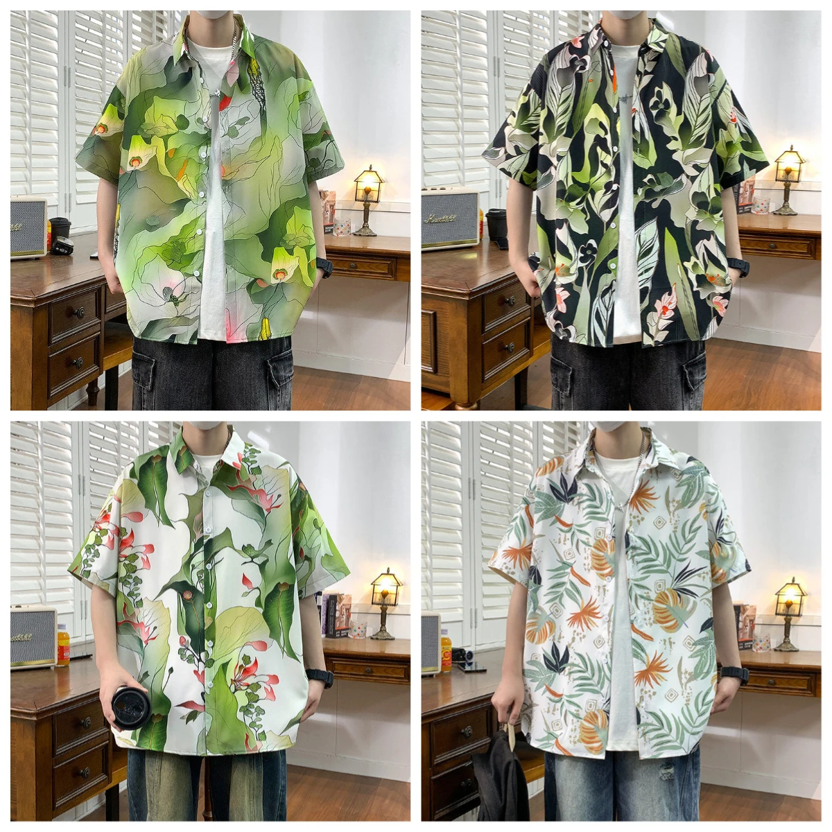 Camisa de flores con pintura al óleo vintage estilo Hong Kong, camisa informal holgada de manga corta para hombre, camisa de vacaciones en la playa para parejas y niños