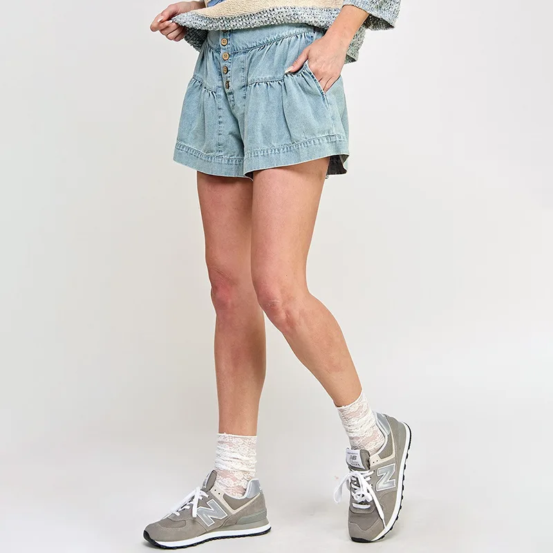

Denim Pant Women Jeans Short Pants Ruffles High Waist Trousers Shorts Y2k Streetwear Elegant Splice Temperament Summer 2025