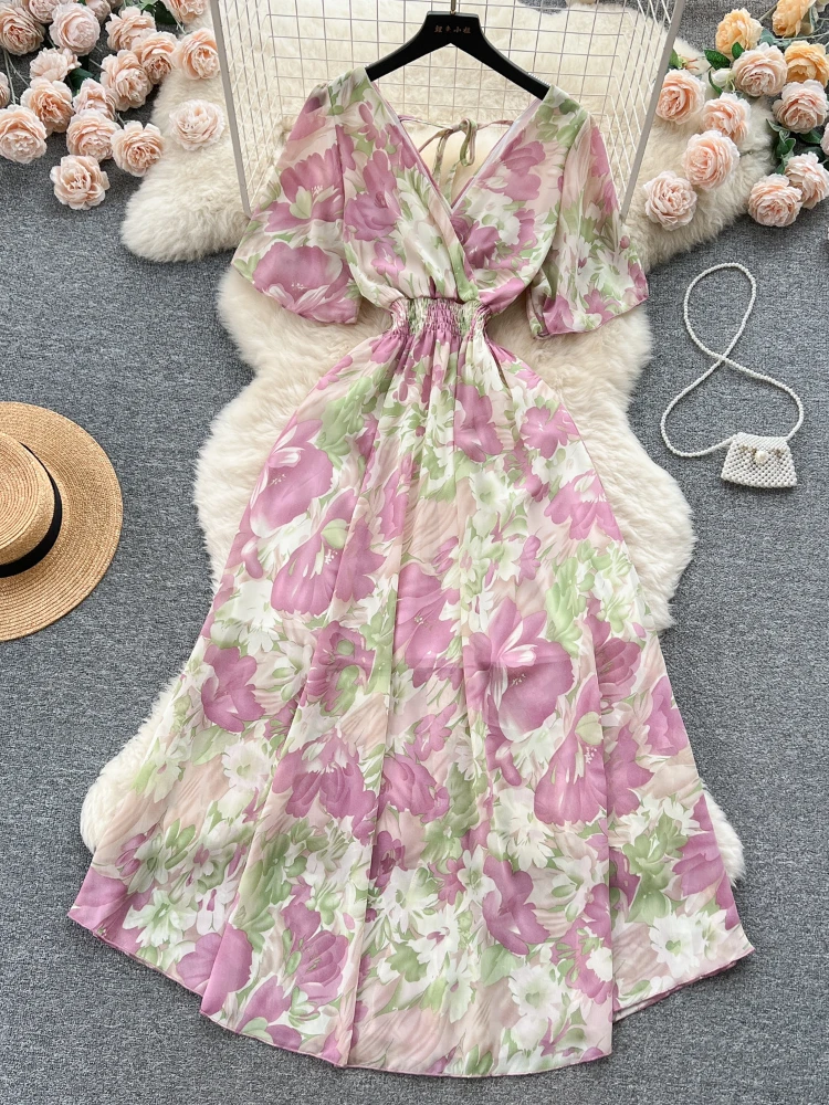 Vestido francés Vintage para mujer, vestidos largos estampados con pintura al óleo, Vestido de playa de gasa para mujer, verano elegante, nuevo