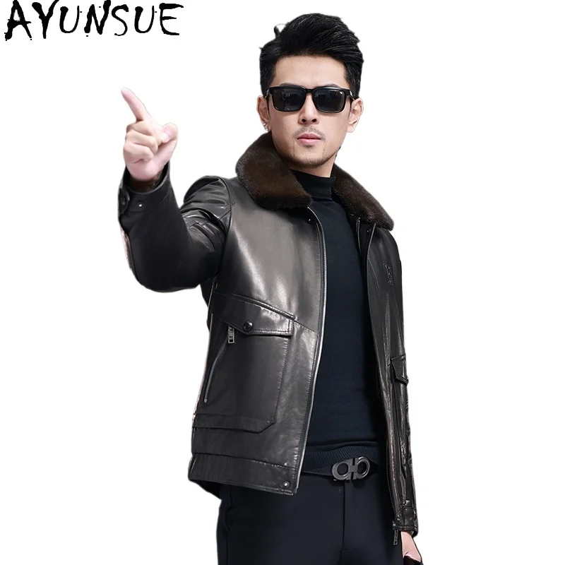 

AYUNSUE Real Goatskin Genuine Leather Jacket Men Winter Detachable Lamb Fur Liner Coat Short Leather Jackets Mink Fur Collar