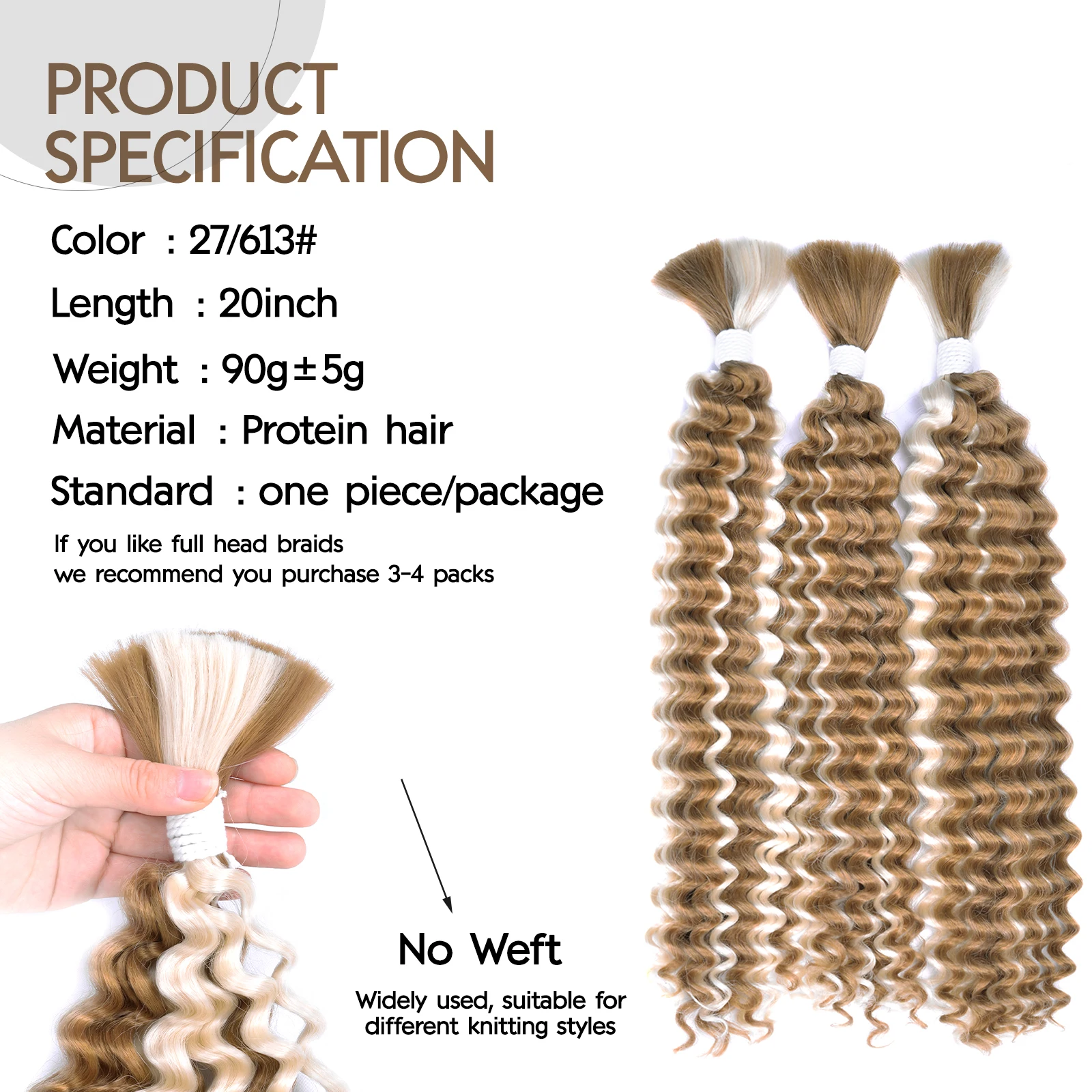 Onda profunda em massa cabelo sintético misturado trança de cabelo sintético para boho tranças sem nós tranças boêmias marrom pacotes de cabelo encaracolado