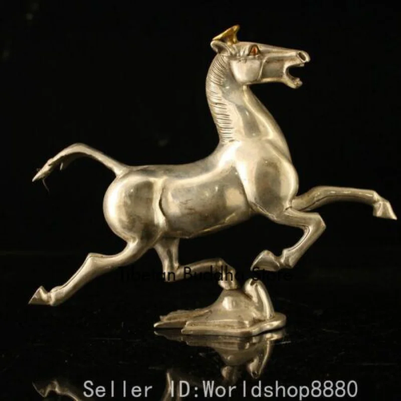 

8" Ancient China Pure Copper Silver Fengshui 12 Zodiac Year Horse Swallow Statue