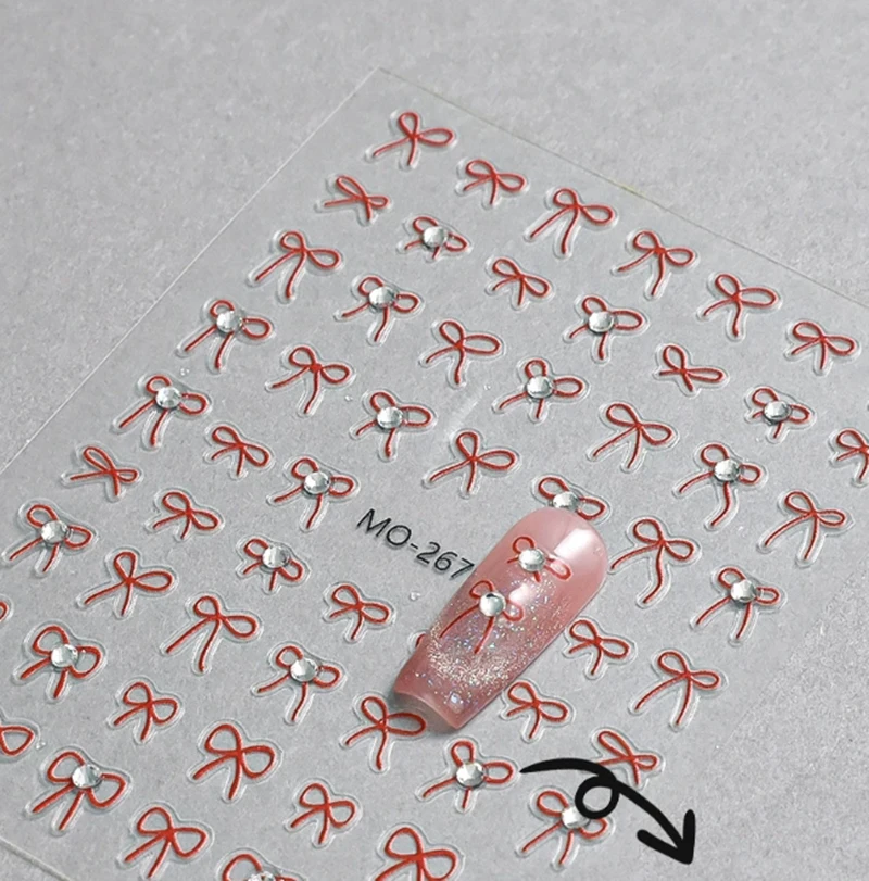 5D 엠보싱 네일 아트 스티커 다이아몬드 스터드 레드 블랙 화이트 보우 매듭 데칼 네일 팁 매니큐어 장식