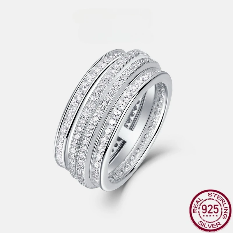 

New S925 pure silver falling into the Milky Way full diamond set brilliant 5A white zirconium ring wedding jewelry