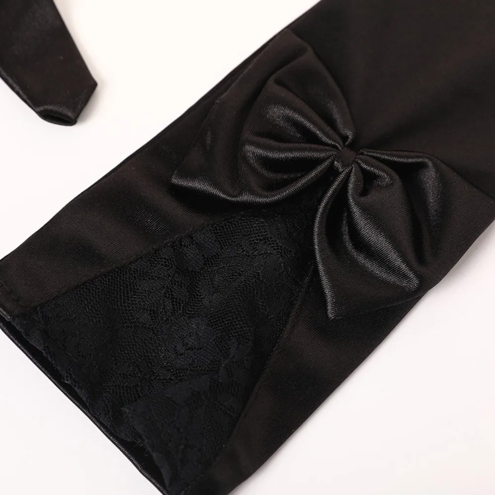 Fashion Bowknot Satin Bride Gloves Lace Trim Long Sleeves Etiquette Gloves Dance Performance Gloves Wedding Dress Accessories