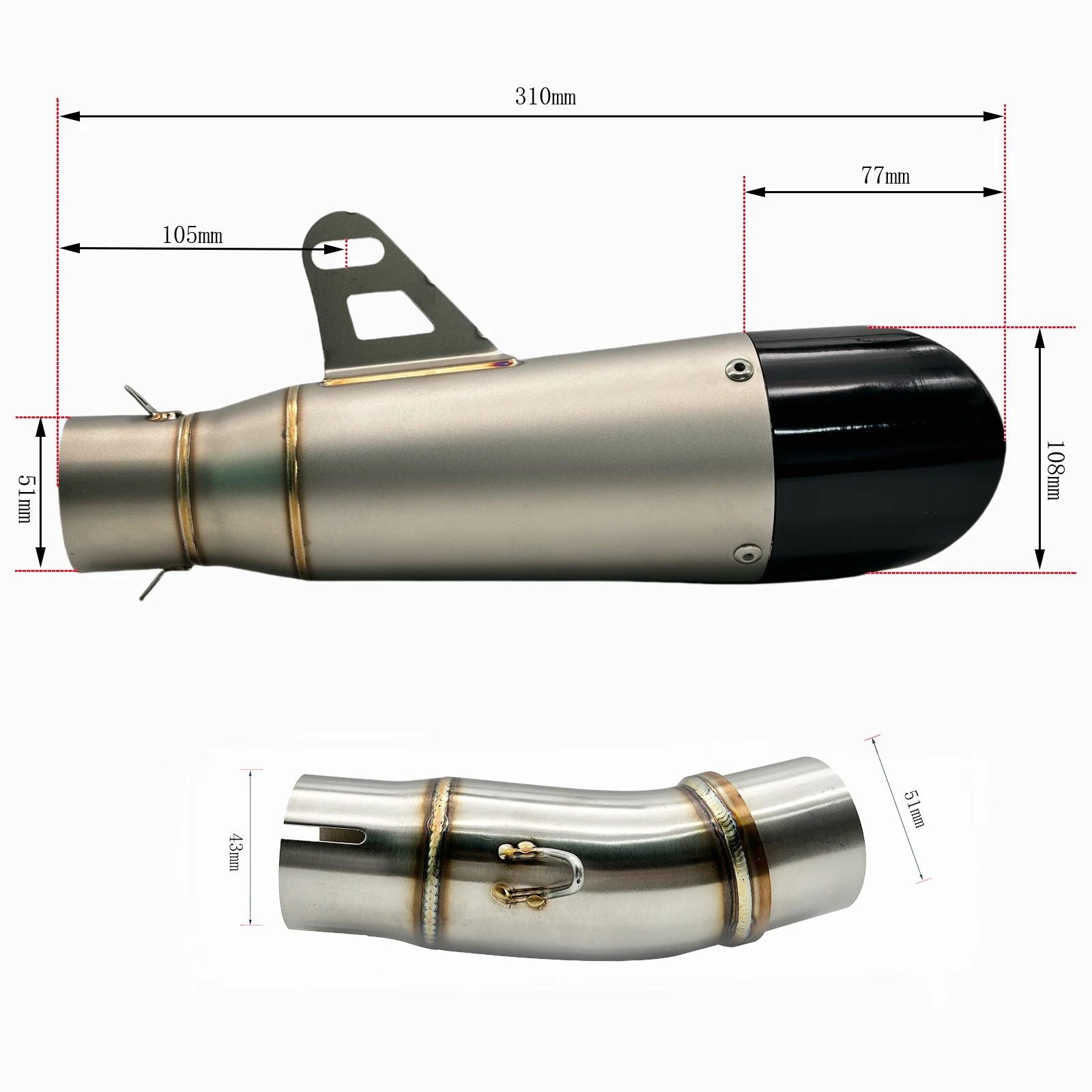 Adequado para Kawasaki Ninja 400/z400, modificação de motocicleta 2017-2023, tubo intermediário do sistema de escapamento prateado + tubo traseiro