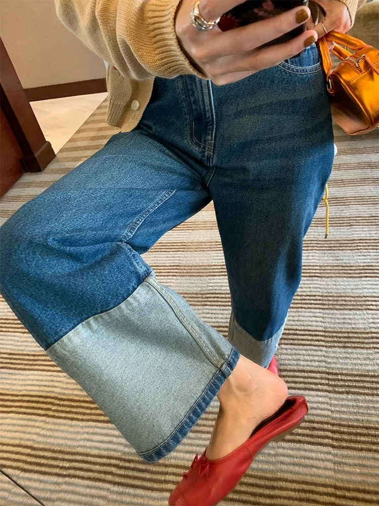 

Джинсы прямого кроя для ранней осени: женская дизайнерская модель, свободный крой, маленькие размеры, с высокой талией, синий деним, осенняя коллекция