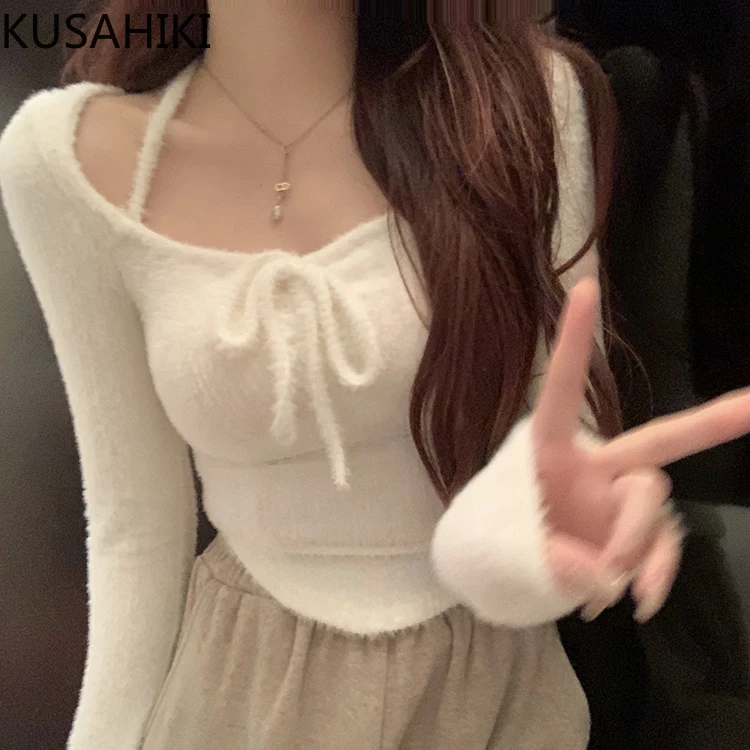 KUSAHIKI White Bow Tie Neck Hanging Long Sleeved Knitted Sweater for Women Spring Tight Waist Irregular Fur Short Base Top