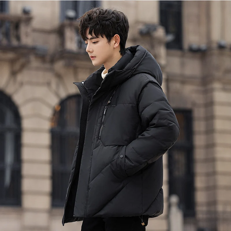 Fashion Men\'s Warm Hooded White Duck Down Jackets 2024 Winter Casual Windproof Solid Puffer Coat Outwear Loose Top Down Clothing