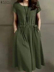 ZANZEA Mùa Hè Váy Bông Vintage Nữ Ngắn Tay Dây Rút Eo Sundress Thời Trang Cho Tới Đầu Gối Vestidos Dài