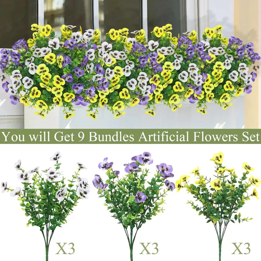 9 Bundles Artificial Flowers Outdoor Fake Pansy Flowers UV Resistant Artificial Plants Realistic Faux Silk Pansies for Porch Pa