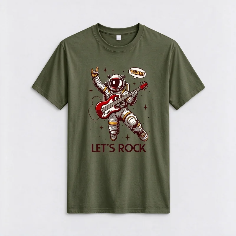 Astronaut Playing Guitar Lets Rock Graphic T Shirt Men Retro Space Rock Music Lover Short Sleeve Tee Casual Streetwear Tops