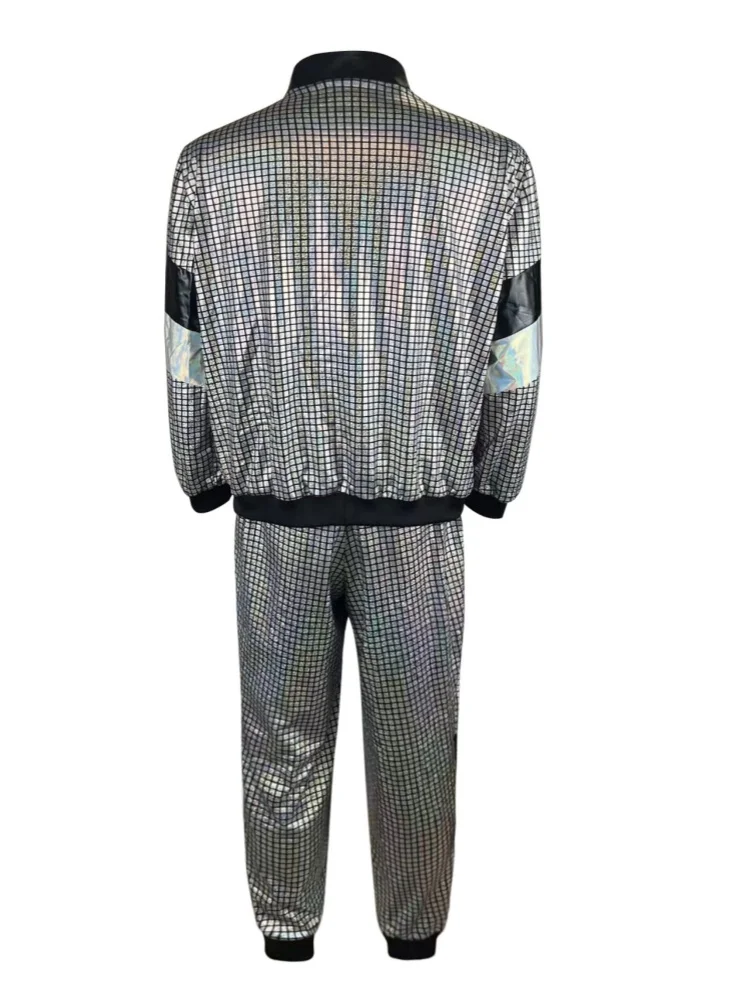 2Pcs Vintage 70s Hippie Disco Costume Sports Jacket Long Pants Suit Adult Cosplay Clothes Stage Party Performence Men Sportswear