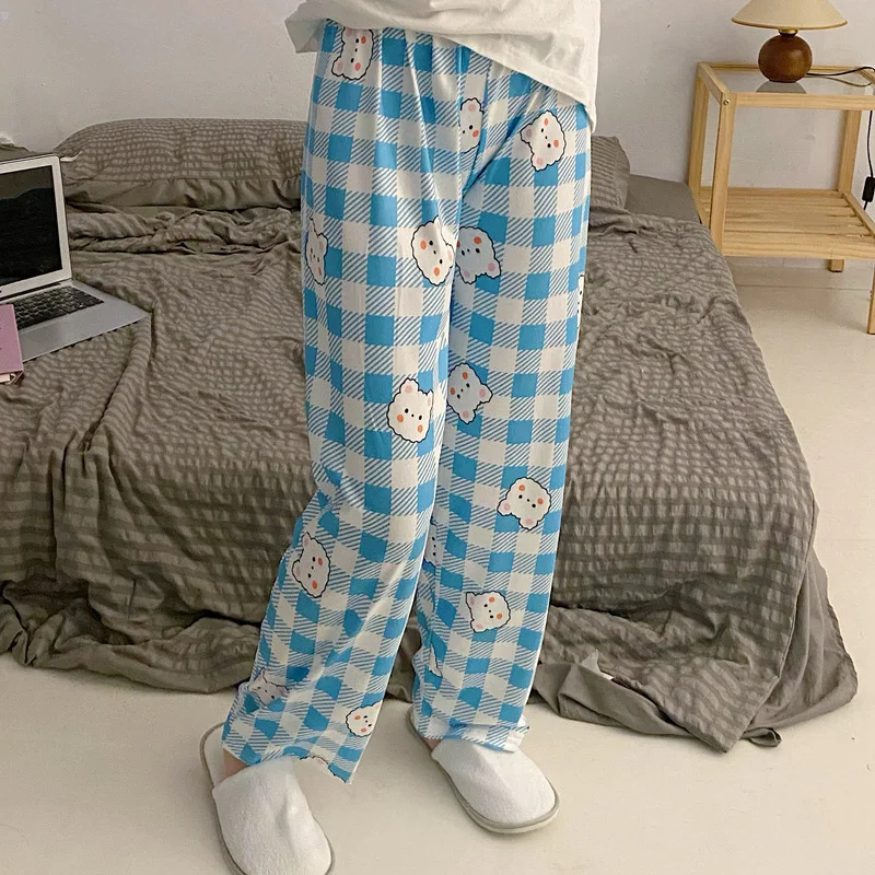 Women Sleep Pants Cute Cartoon 2024 Summer Thin Casual Home Air Conditioning Pants Ladies Loose Wide Leg Straight Trousers