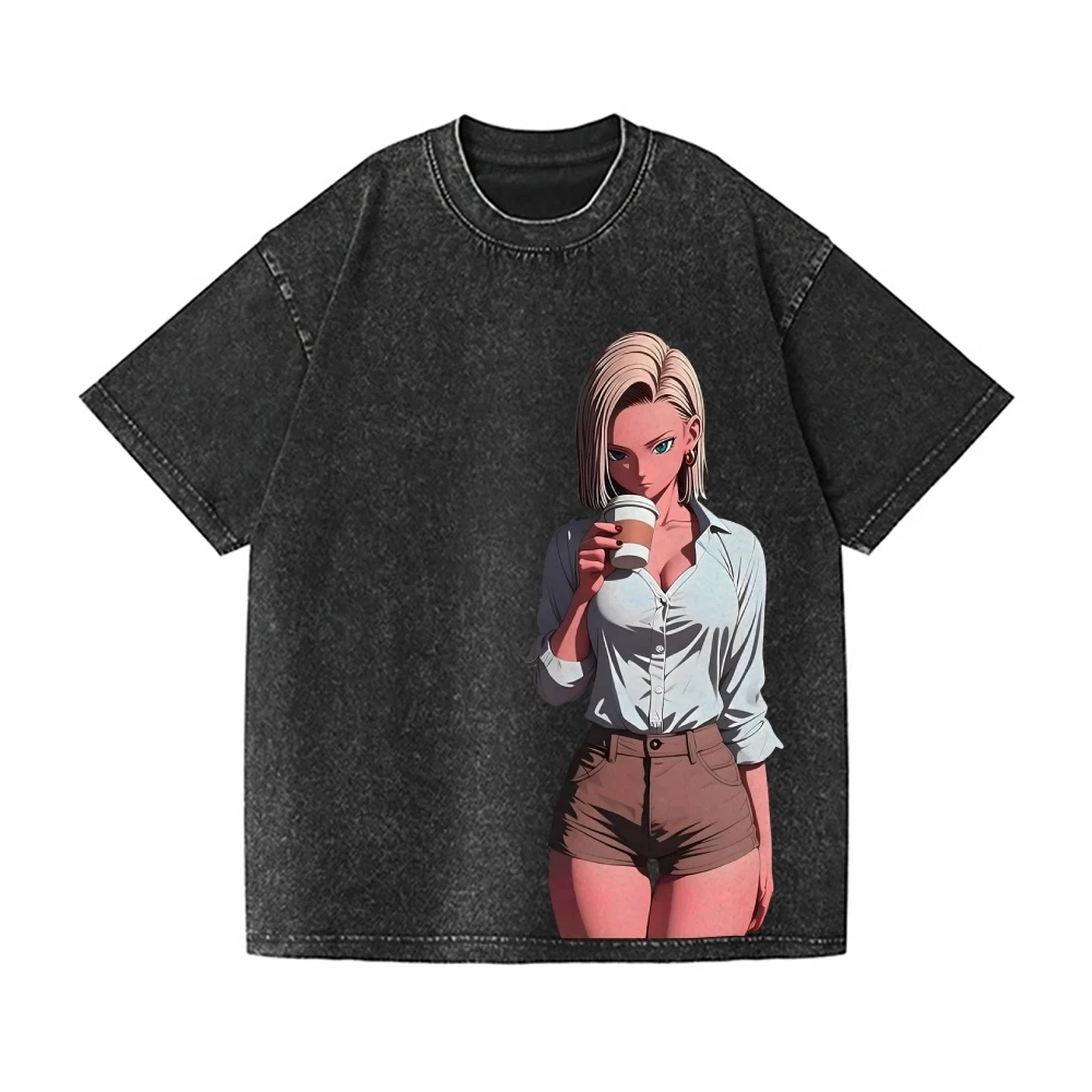 Dragon Ball Android 18 Vintage Wash Japanese Design T-Shirt High-quality Streetwear Men's Clothing Women 2026 Summer New T Shirt