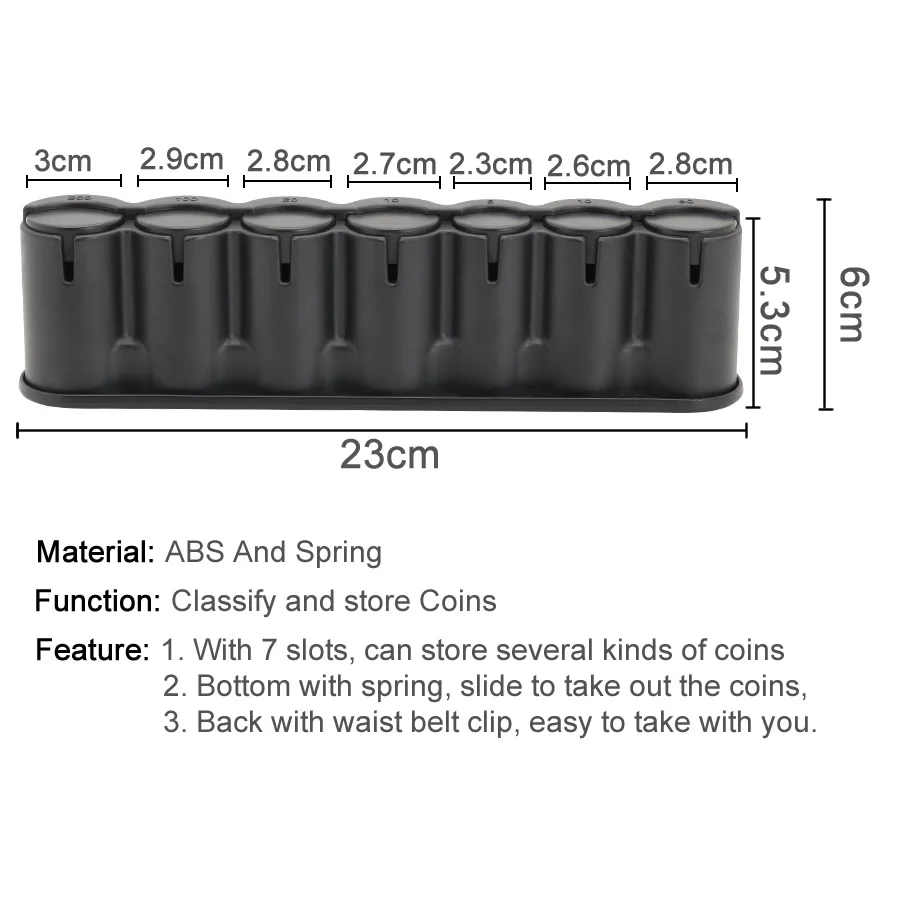 Black 7 Slots Coin Holder Euro Coin Dispenser Sorter Collector Belt Clips Waiter Cashier Driver Small Change Storage Safe Box