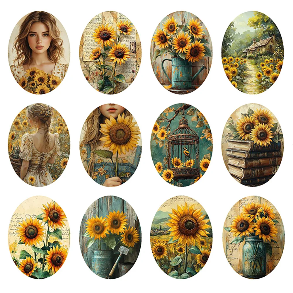 Random Mixed Round/Oval/Square Sunflower Girl Book Photo Glass Cabochon Flatback Demo Cameo For Diy Jewelry Making
