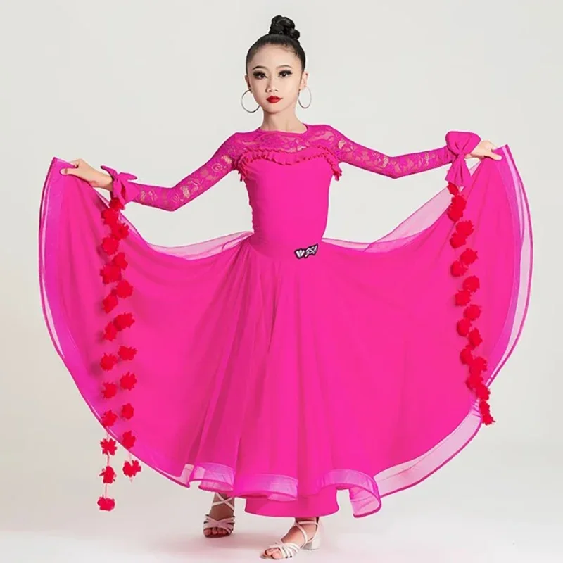 Kids Girls Modern Dress Mesh Waltz Social Dance Lace Long Sleeve Bodysuit and Mesh Large Skirt Dancewear Ballroom Costumes