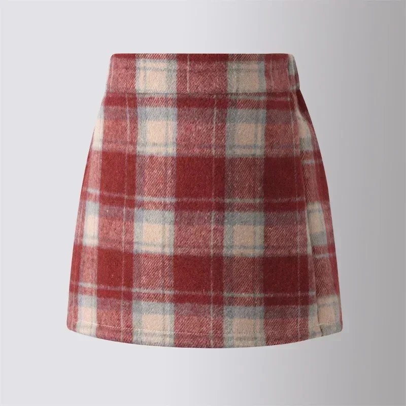 Wool Plaid Skirt for Girls Thick High Waist A-line Short Skirt Christmas Red Casual Fashion Autumn Winter Kids Skirts 2-16 Years