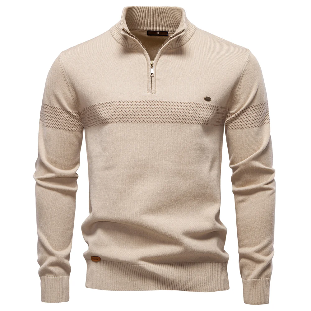 AIOPESON Thermal Men's stand collar Sweater Half Zip Knit Pullover Thick Warm Striped Design Wool Blend Cable Knitted Casual Top