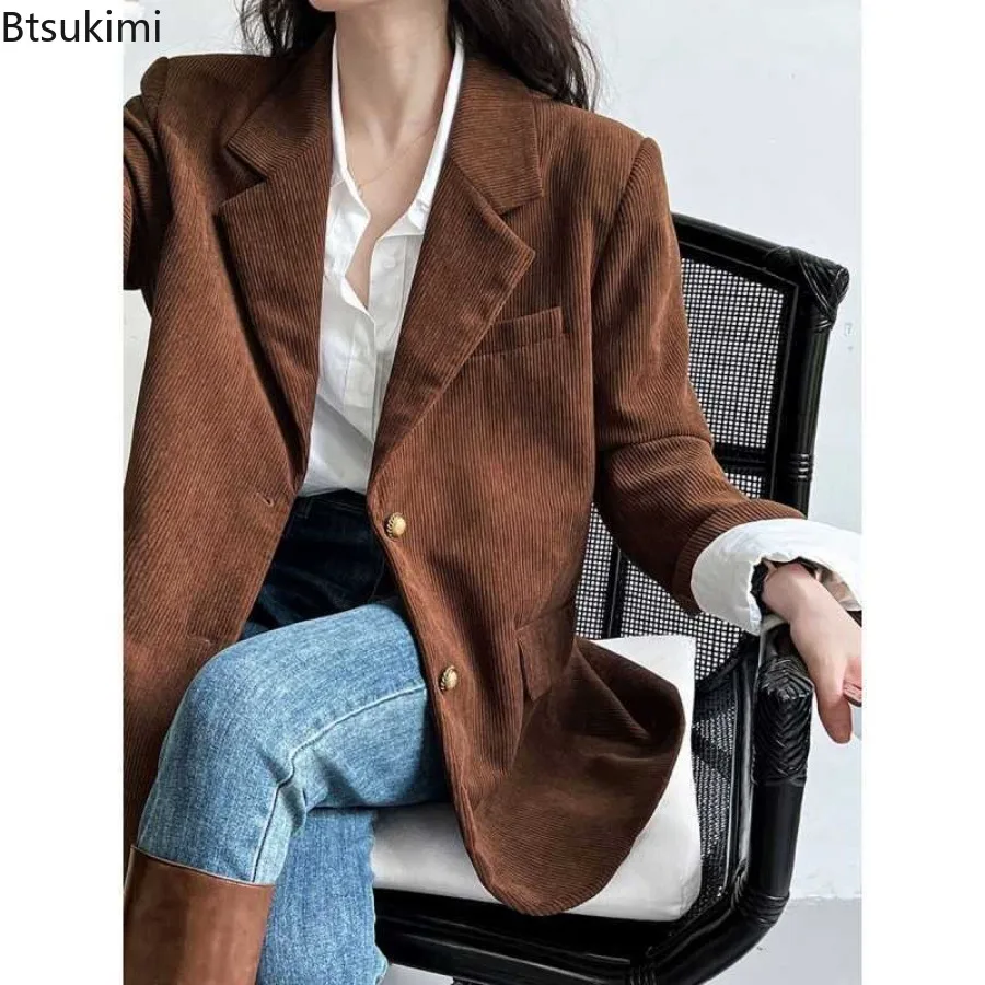 

Винтажные вельветовые пиджаки 2026: Женские блейзеры с длинным рукавом, элегантные деловые пальто, весенне-осенние повседневные топы для женщин