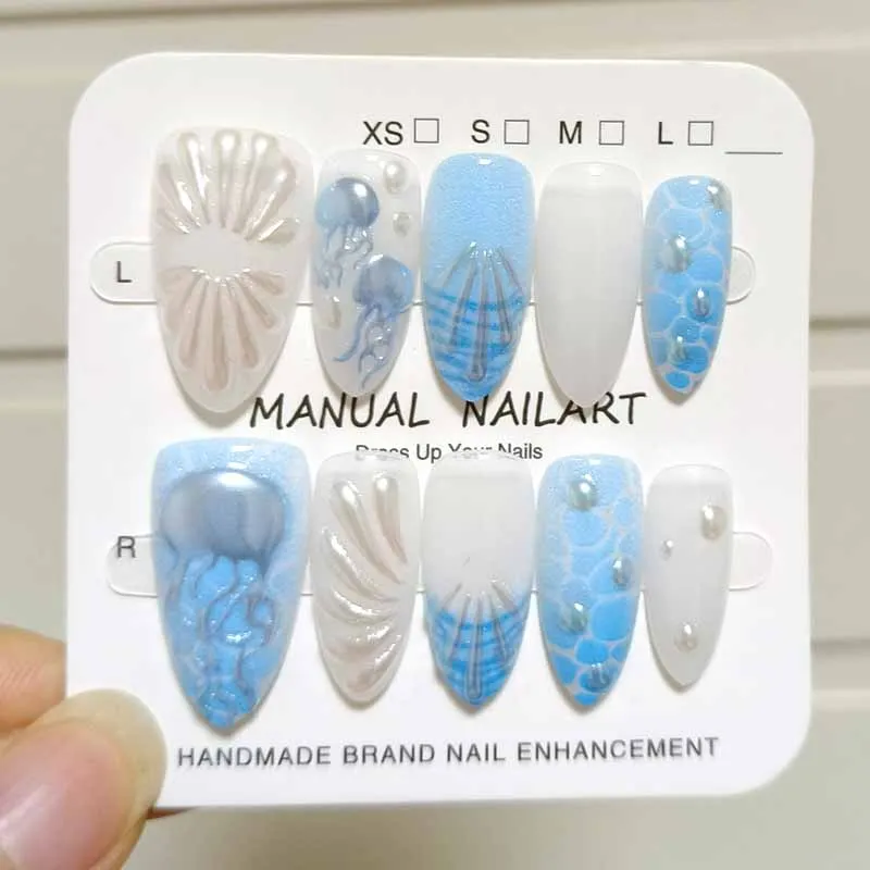 

10Pcs Short Almond Blue White Ocean 3D jellyfish Vacation Style Seaside Summer Design Press on Nails Nail Patch Fake Nails Tips