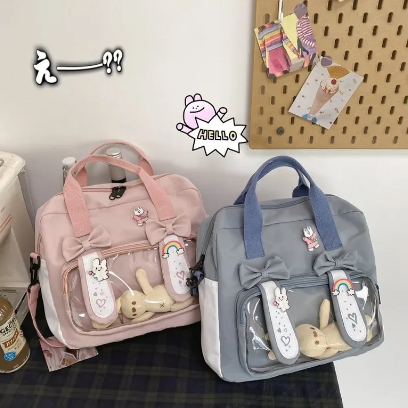 2024 New Japanese Canvas Ita Bag Sweet Bow Cute Transparent Crossbody Bag Long Ear Rabbit Kawaii Backpack Teenage Girls