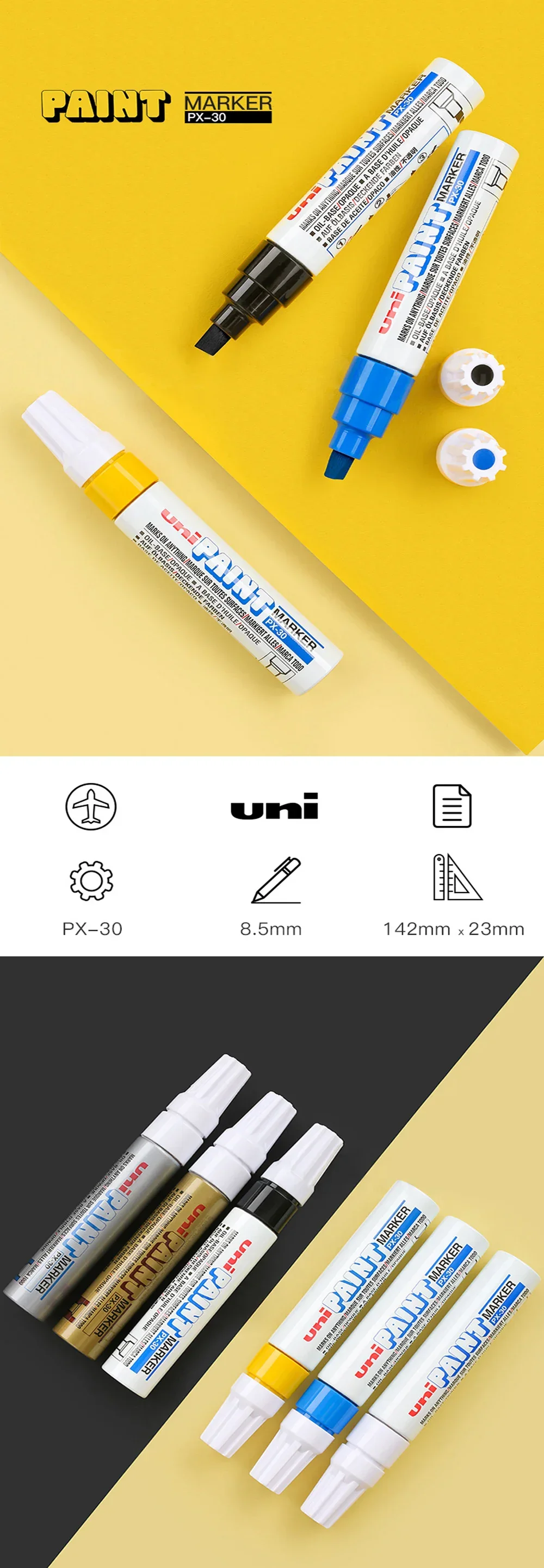 Japan UNI 6-teilige Farbmarker PX-30 Industriestift, ölig, permanent, wasserabweisend, Reparaturstift, Auto-Kratzerentferner, DIY Graffiti – Detail 1