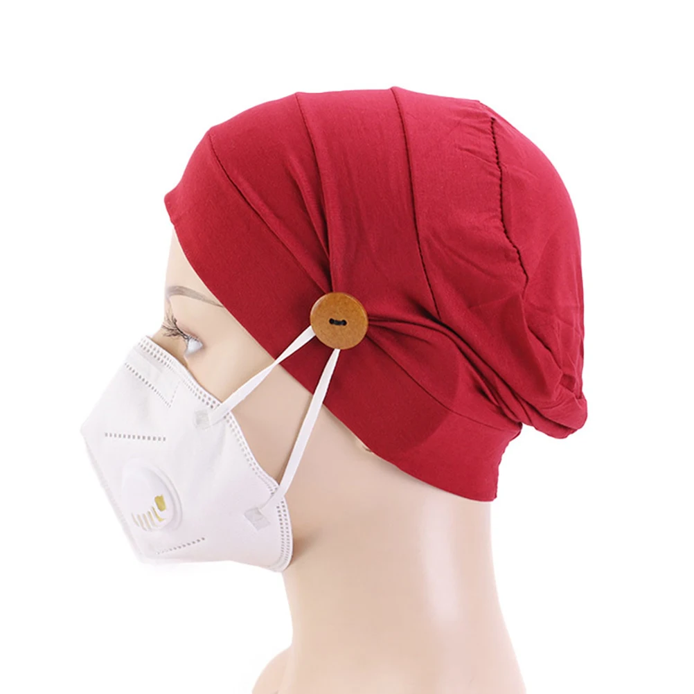 

Women Breathable Head Wrap Cap Hats With Buttons For Chemotherapy Hat Modal Cotton Anti-strip Scarf Turban Red Cotton