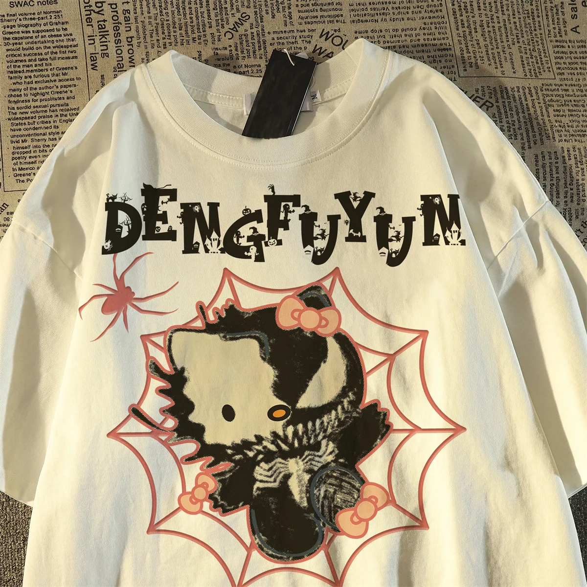 

Американская трендовая хлопковая футболка с короткими рукавами и принтом Hello Kitty для женщин и мужчин, новинка 2023 года, популярный свободный летний топ High Street