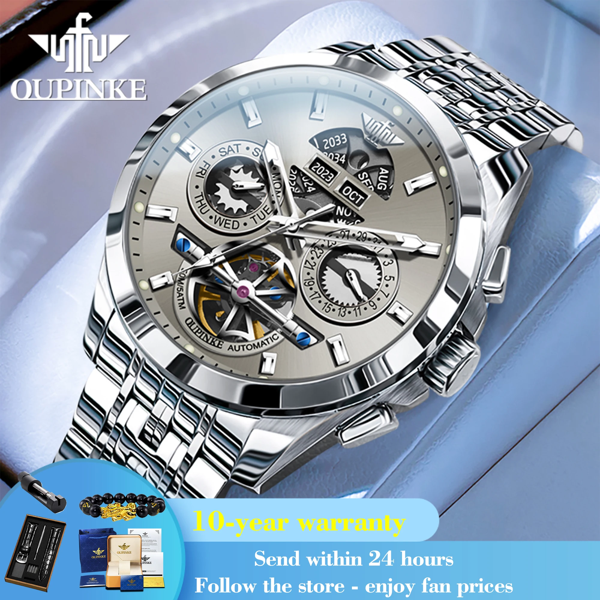 

OUPINKE 3251 Hollow Skeleton Automatic Watch For Men Luxury Waterproof Wristwatch Week Calendar Top Brand Business Man Watches