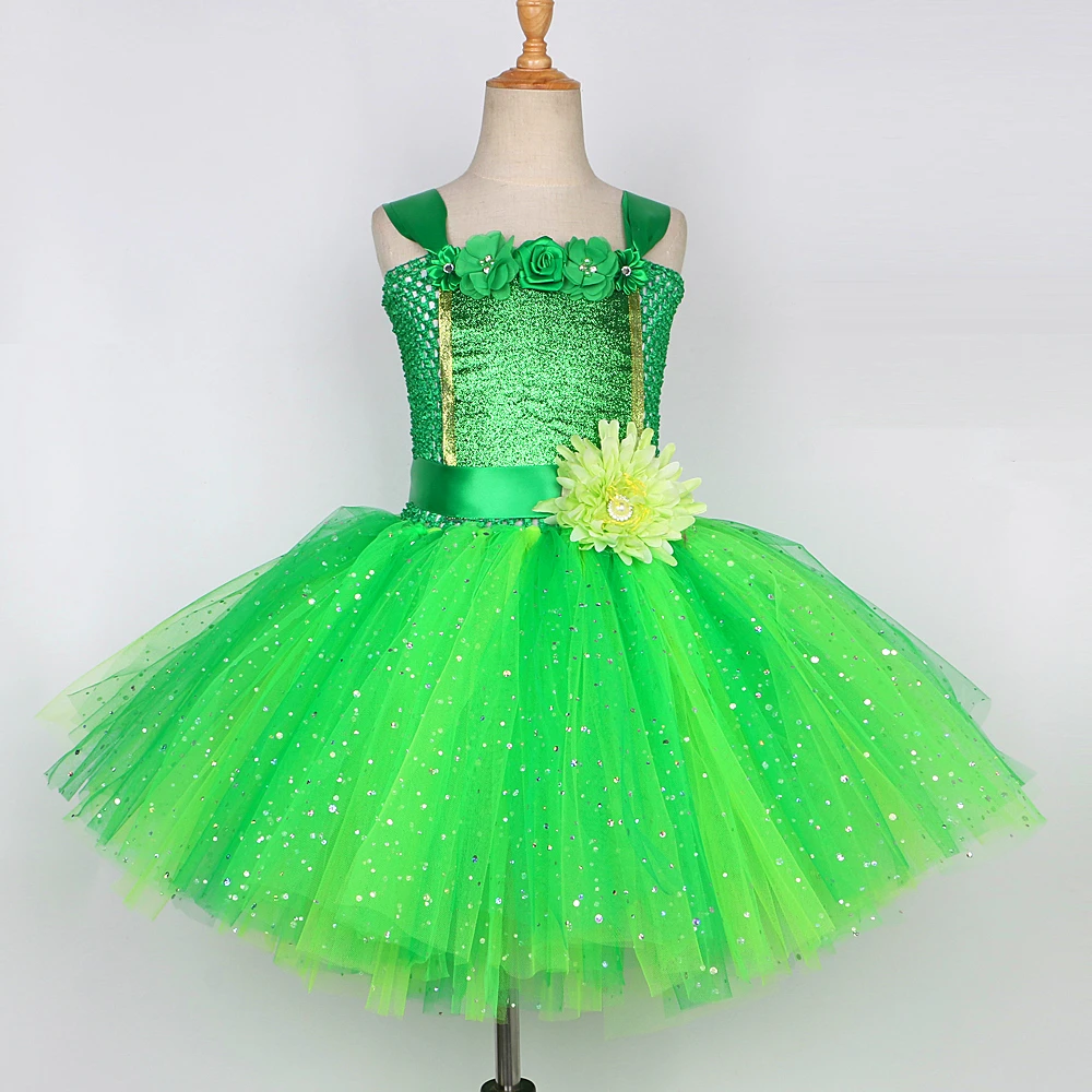 Sparkly Green Flower Fairy Princess Dresses Girls Twinkle Christmas Carnival Costumes with Butterfly Wings Kids New Years Outfit