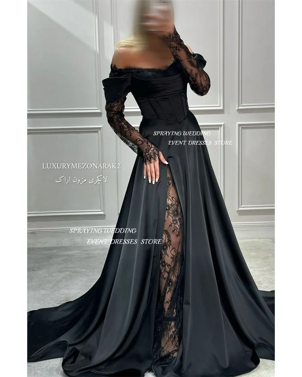 SPRAYING – robe de soirée élégante en dentelle noire, épaules dénudées, manches longues, en Satin, longue, arabe, robes d'occasion formelles, 2025