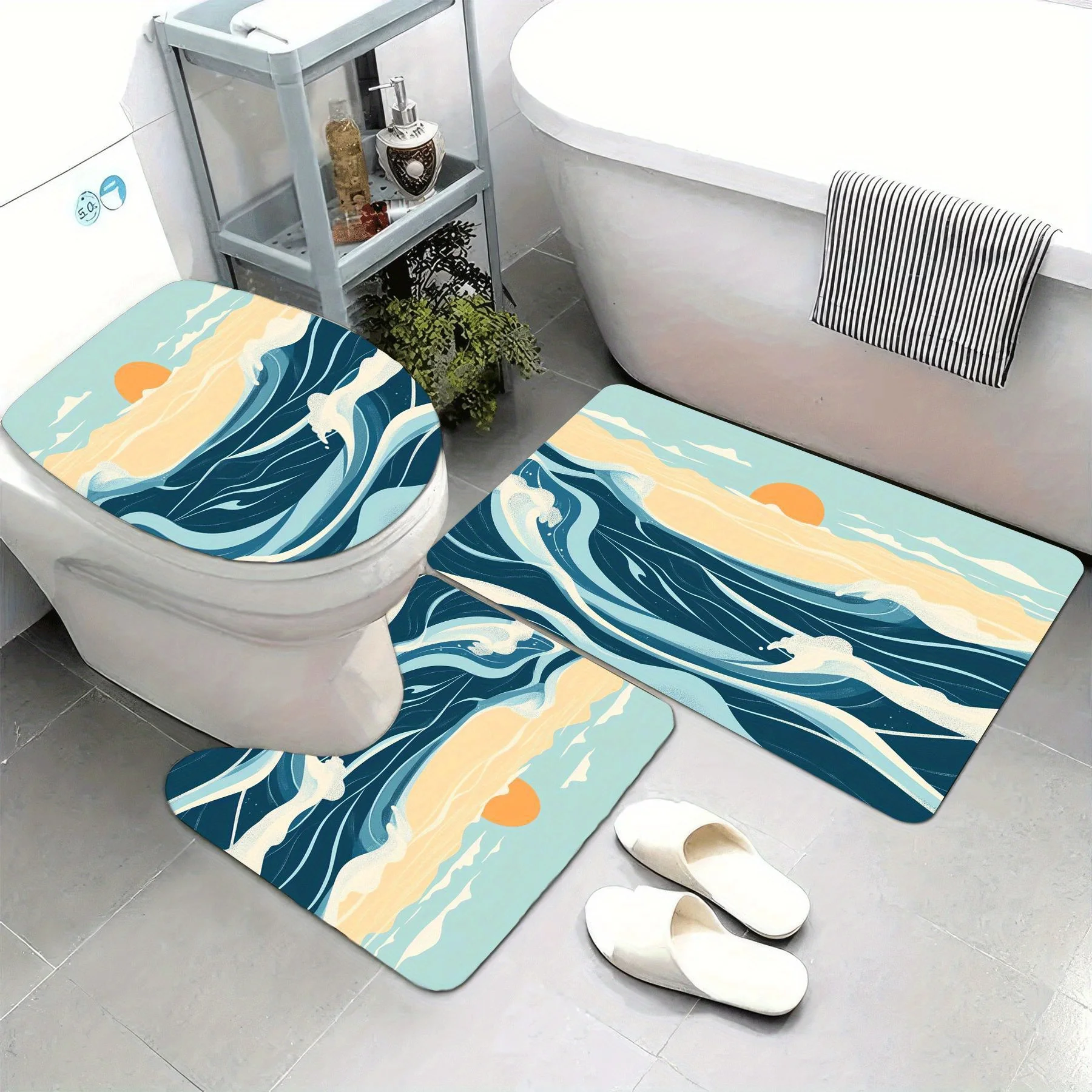 

3pcs Super Soft Bathroom Floor Mats Set, Absorbent, with Non-slip Backing, Sun On The Horizon Of The Sea Tone Digital Image
