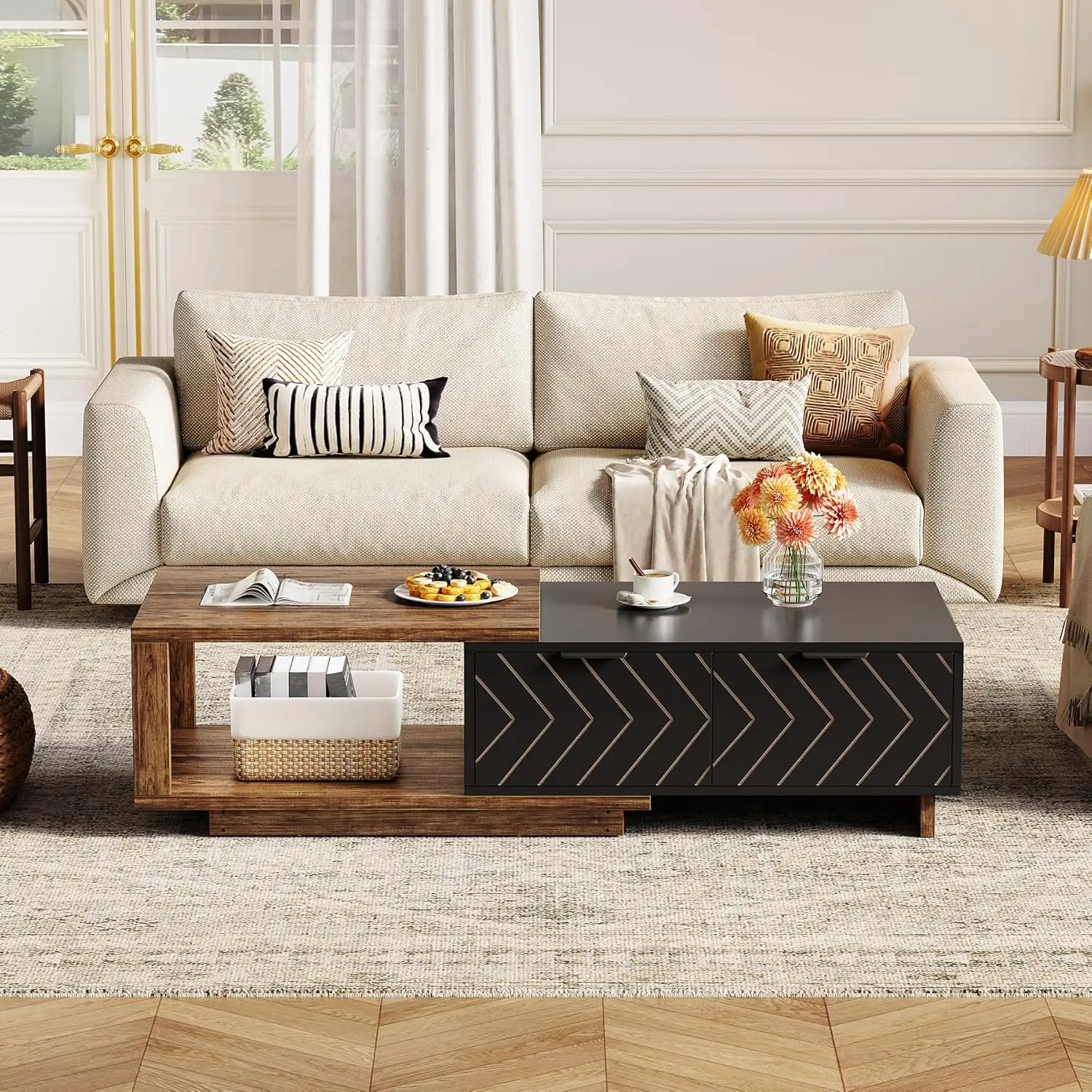 Farmhouse Expandable Coffee Table - Brown&Black Rectangular Wooden Center Table with 2 Drawers,Space-Saving forLivingRoomOffice