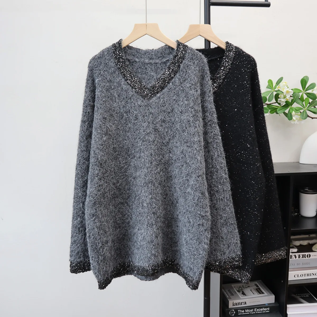 

Knitted Pullovers Sweaters Women Mid Length Jumper Sequined V Neck Long Sleeve Thick Loose Casual Office Lady 2025 Autumn Winter