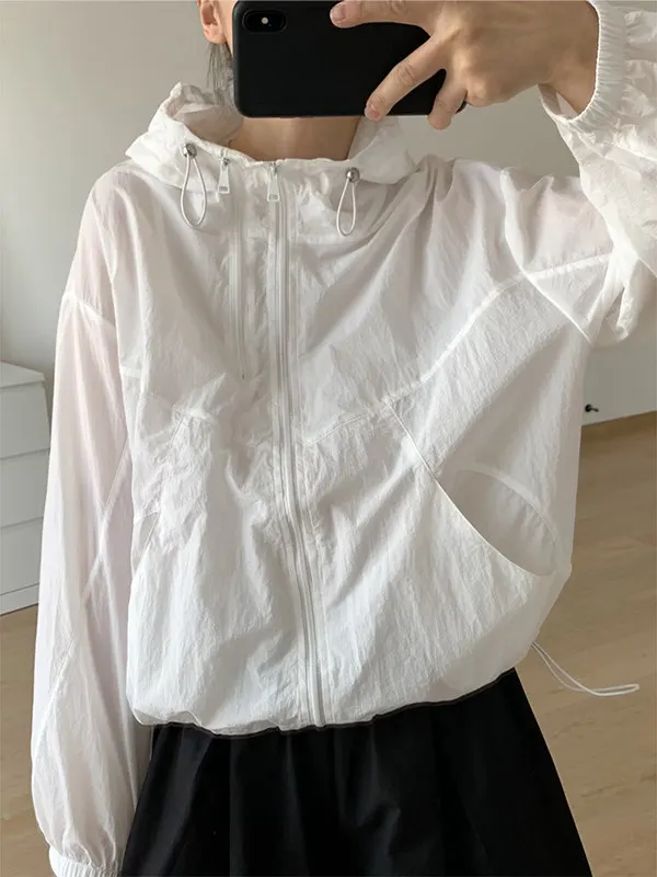 

Women's Casual Loose Fit Hooded Sun Protection Shirt Quick Dry Cool Feeling Summer Versatile Color Zipper Short Jacket