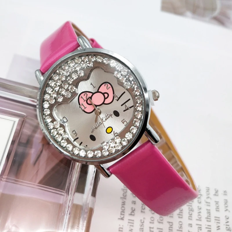 Miniso Anime Cartoon Sanrio Hello Kitty Diamond Round Quartz Girls Students Watch Fashion Kids Leather Belt Watch Birthday Gifts