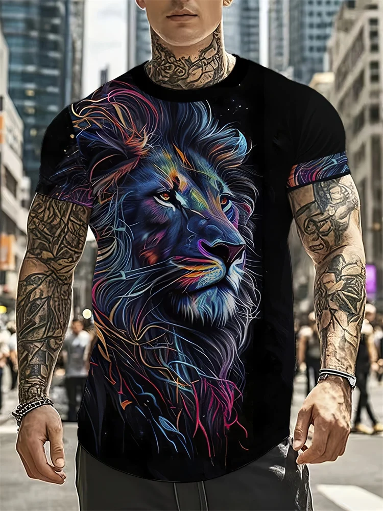 

New Men's T-Shirt Dazzling Cool 3D Lion Pattern Printed Short Sleeve Tee Summer Street Fashion Style Crew Neck Men Clothing Top