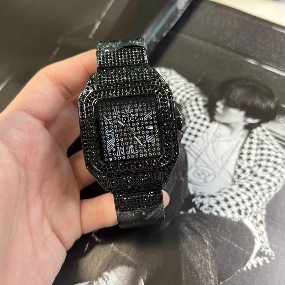 

Gold or black Watch Ice Out Square Wristwatch For Men Top Brand Luxury Full Diamond Mens Watches Waterproof Hip Hop Clock