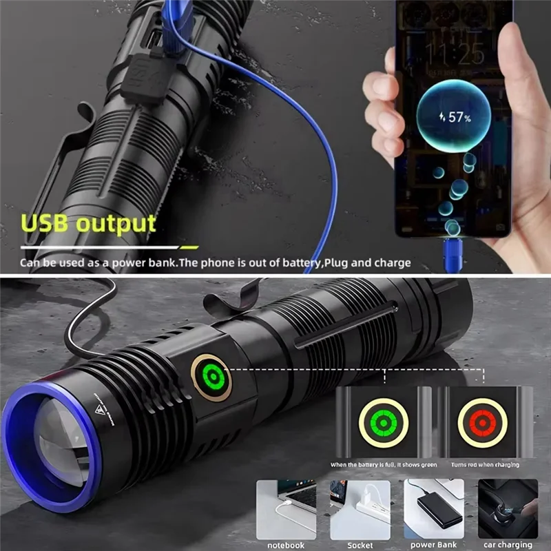2025 Trend Strong Light LED Flashlight 5 Color Light Flashlight Zoom Tactical Flashlight Lantern Hard Light USB Rechargeable Lig