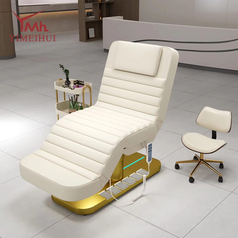 Cosméticos de luxo moderno ouro branco salão de beleza móveis 3 motor elétrico beleza facial massagem cama cadeira facial spa chicote cama
