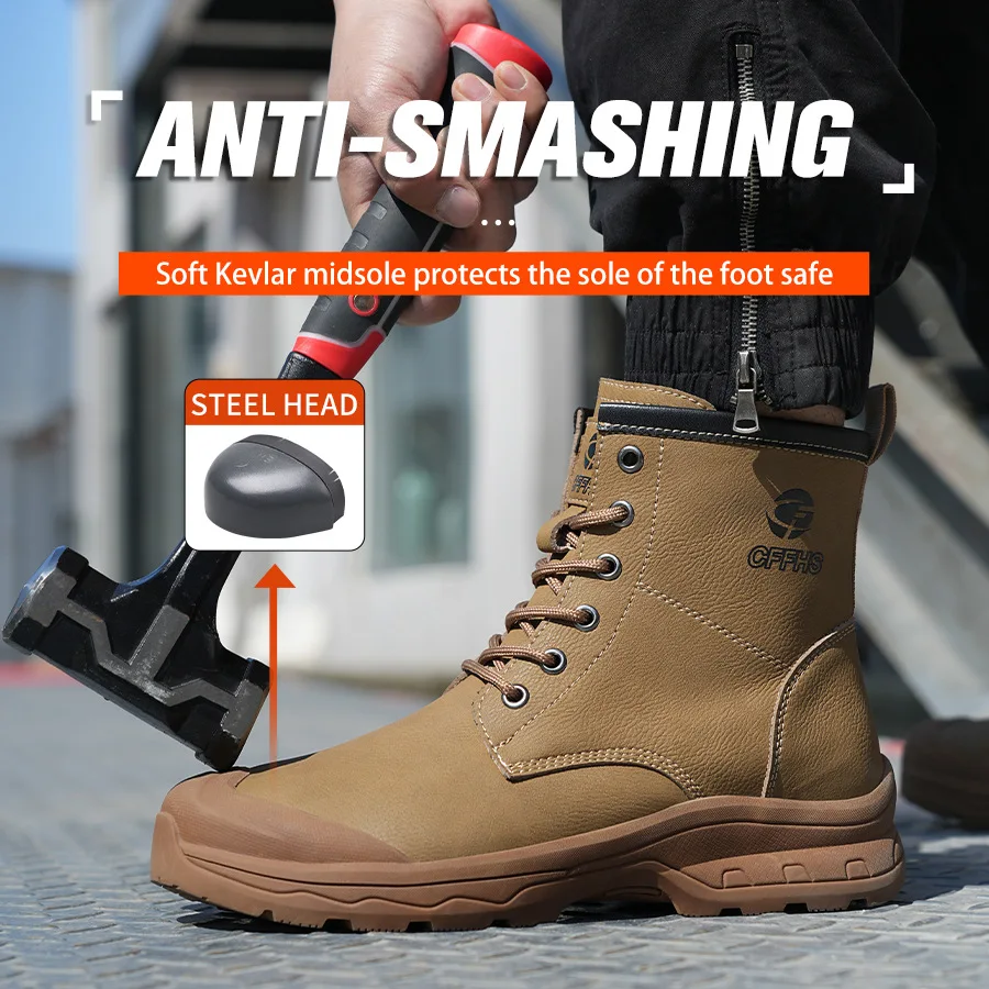 High Top Shoes Work Boots Steel Toe Indestructible Shoes Waterproof Safety Boots Puncture-Proof Anti Scalding Men Leather Boots