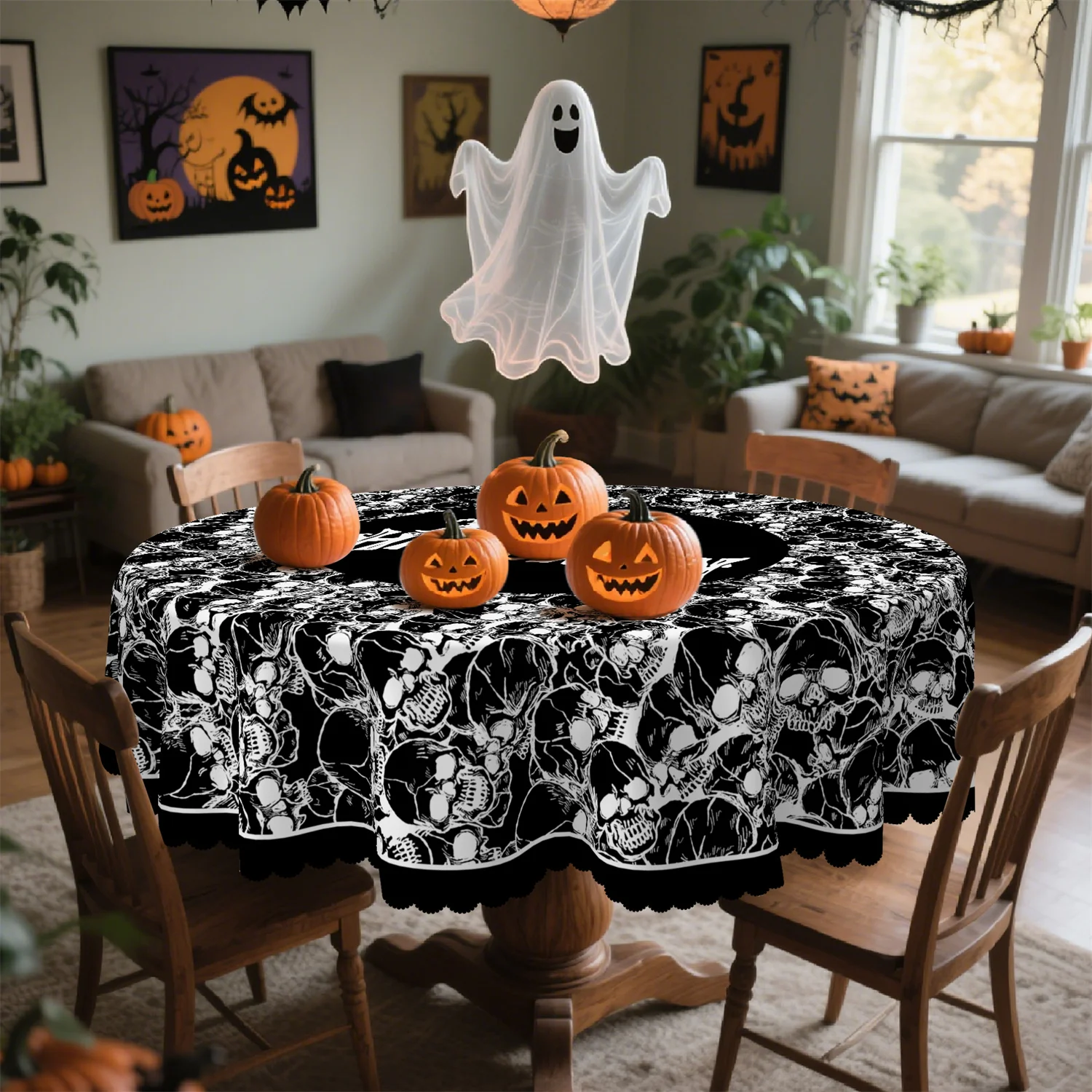 Black and white skull-themed Halloween tablecloth, 1 set, suitable for kitchen table.zyc