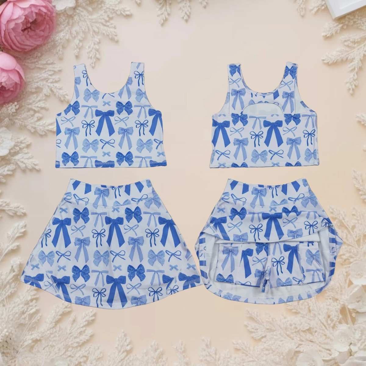 

Kids Athletic Yoga Active Wear Skort Set Baby Girl Toddler Infant Sleeveless Vest Tops with Pockets Short Skirts Blue Bow Outfit