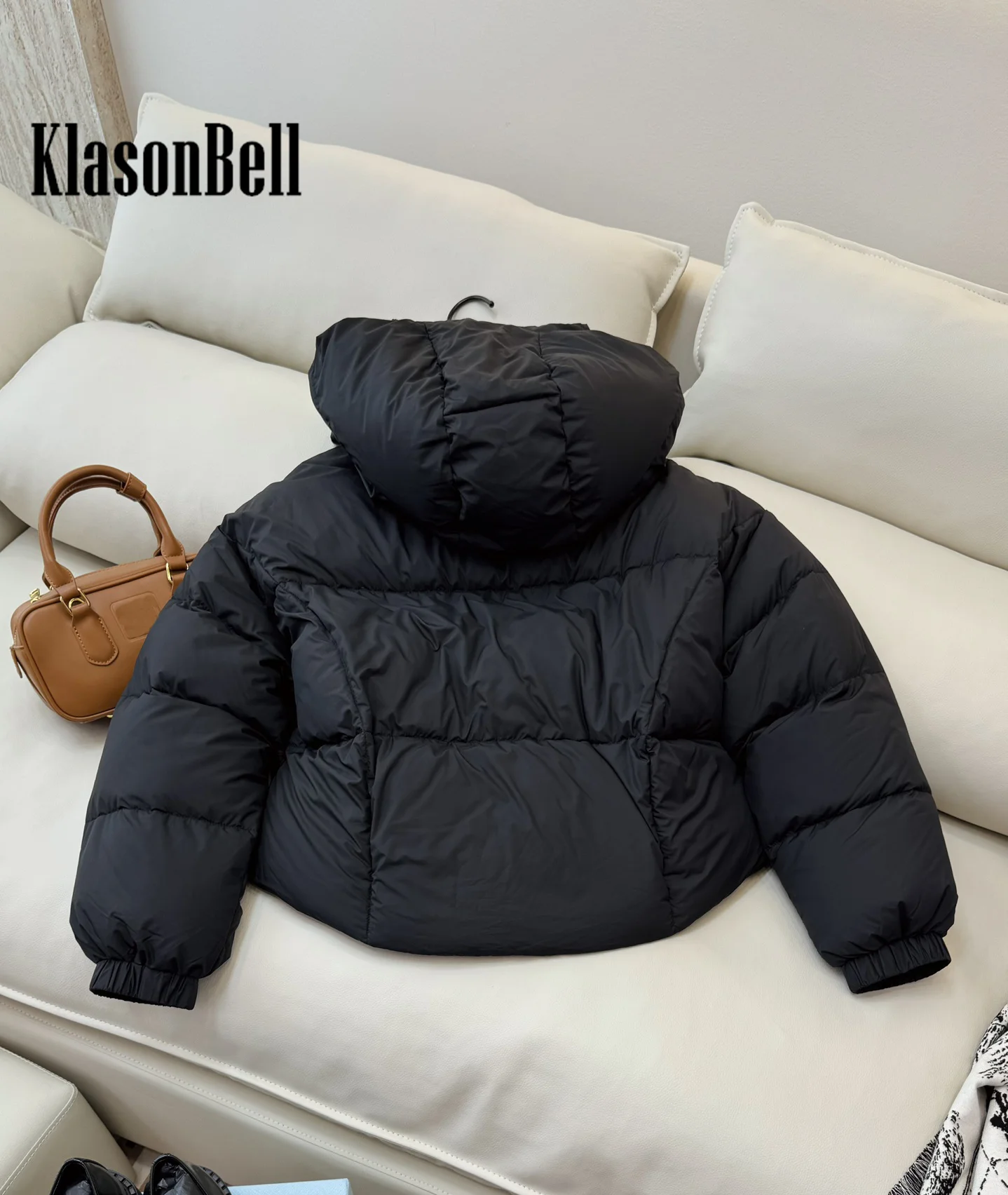 9.4 KlasonBell Women Fashion Drawstring Hat Detachable  White Goose Down Bread Jacket Double Pocket Elastic Cuff Down Coat